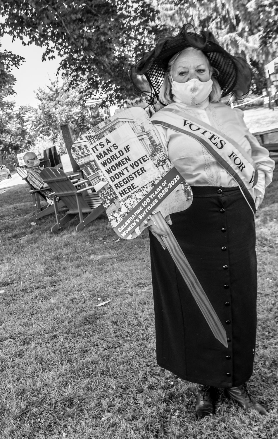 Celebrating 100 years of suffrage, the Delaware Company’s Debra Conway was decked out in black and white, encouraging folks to “vote where their heart is” at the farmers’ market in Barryville, NY last Saturday.